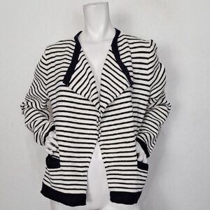 Loft White & Navy Blue Nautical Preppy Pockets Open Front Sweater Jacket Size L